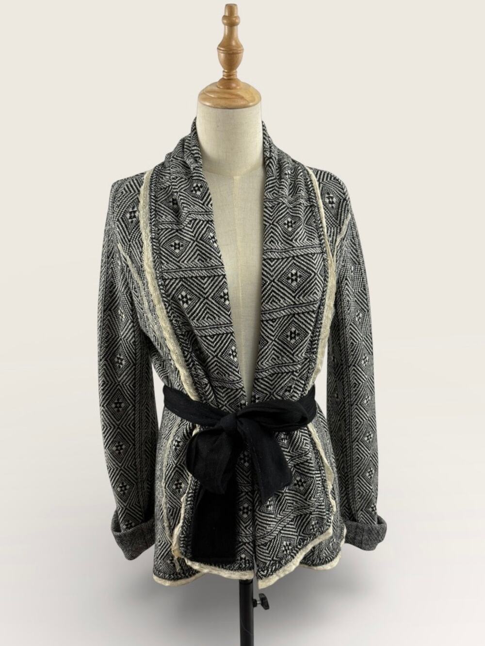 Sparrow (Anthro Brand) Cotton/Wool Blend Tie Jacket with Crochet Trim, Size M